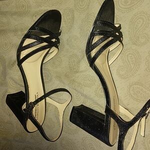 Badgley Mischka glitter block high heel strappy sandals